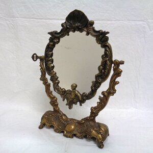 French Rococo Brass Vanity Swivel Mirror Art Nouveau Cherub